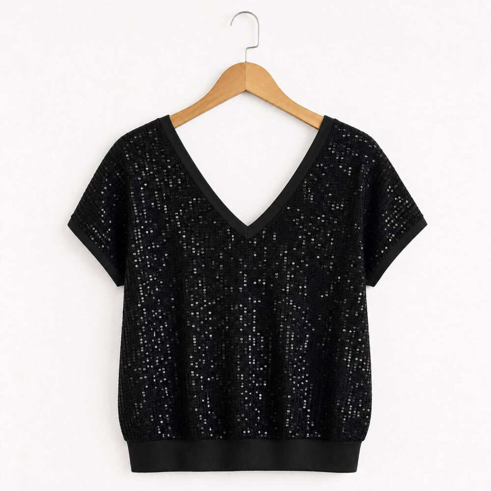 Votre Nom V Neck Black Sequin Whimsygoth Glam Top Party Holiday Sparkly Blouse L